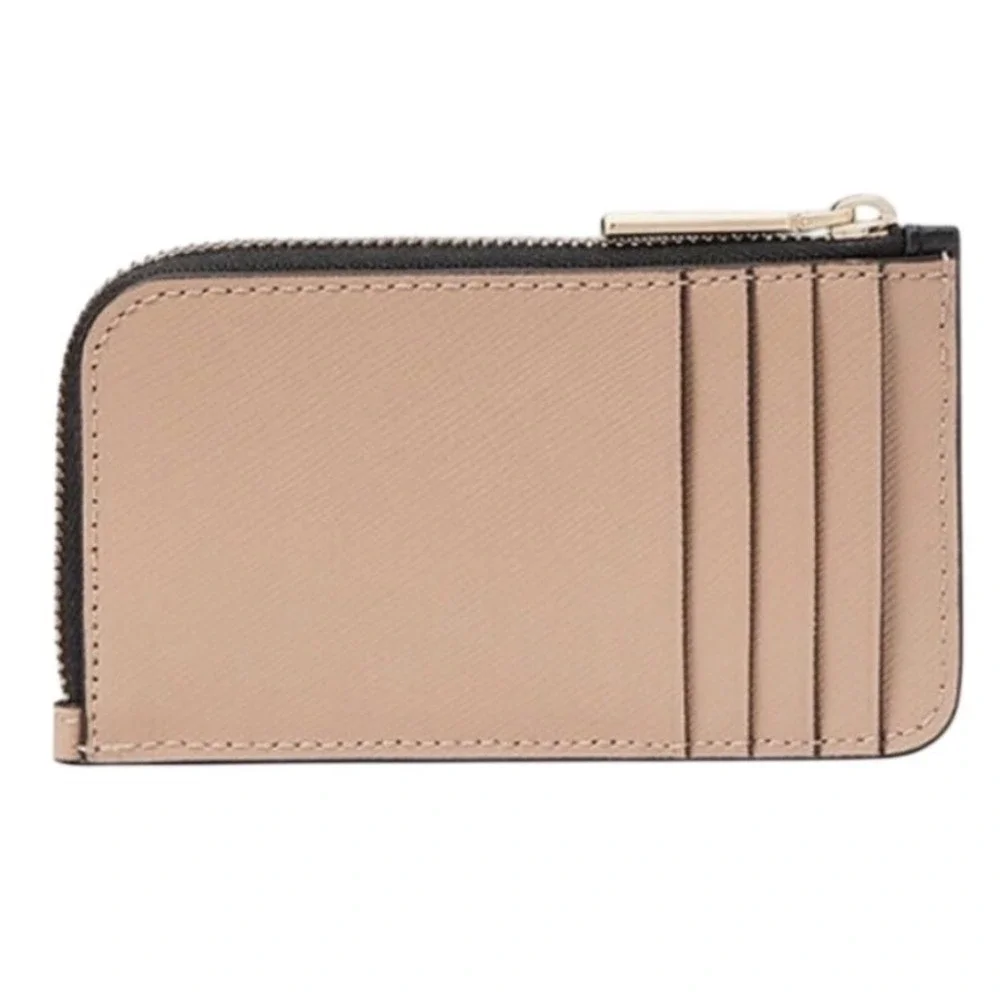 Kate Spade Card Holder Wallet Beige Black Excellent Saffiano Leather Zip‎ Wallet